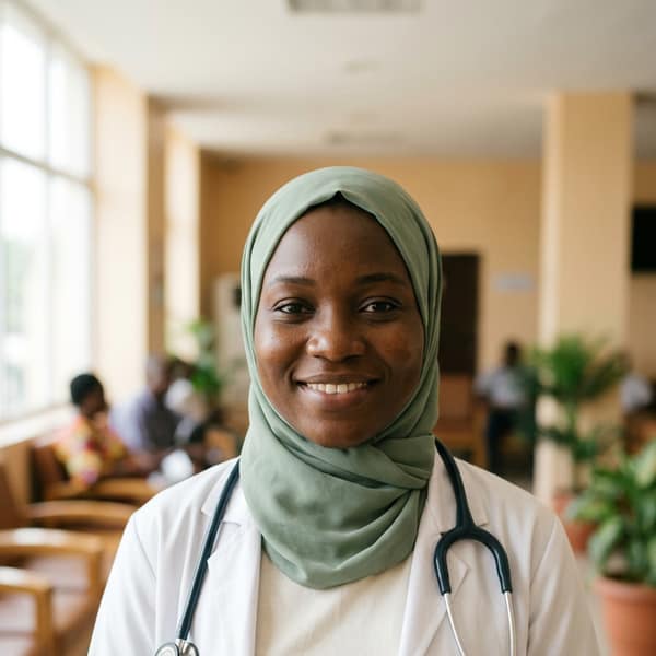 A doctor in a white coat and headscarf
