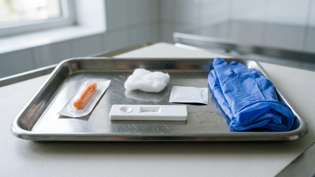 A malaria rapid test cassette beside a finger-prick lancet and a cotton swab on a clinic tray