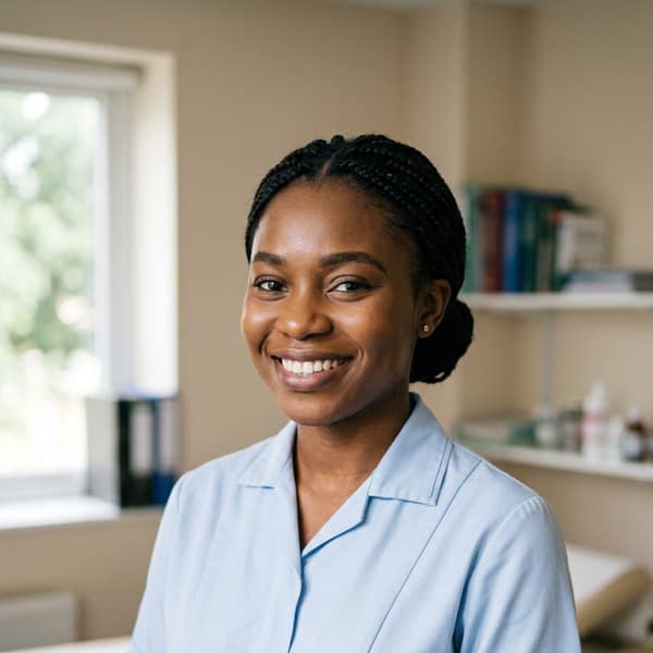 A nurse in a pale blue uniform, smiling