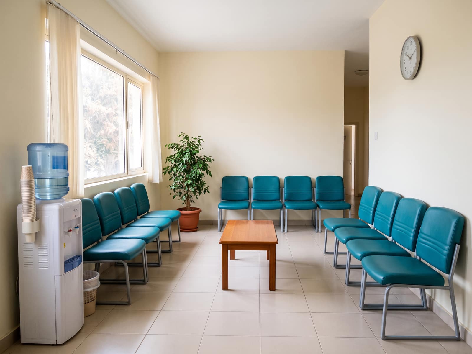 A waiting area with padded chairs along two walls, a water dispenser and a potted plant